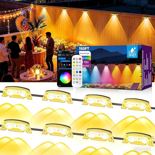 AHAWILL Outdoor Fence Lights,7 Fixed Colors & Color Changing Modes,IP67 Smart Fence Lighting with Remote Control,App Control,LED Light for Outdoor Decor,Wired 24 Packs(150ft)