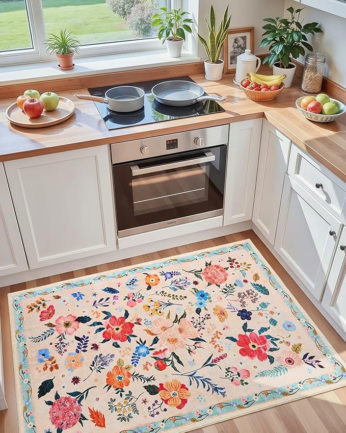 Macgace 3x5 Floral Rug for Girls Bedroom, Machine Washable Area Rugs with Non Slip Backingfor Living Room, Cute Flowers Carpet Kitchen Dining Room Kids Playroom Decor, Peach White