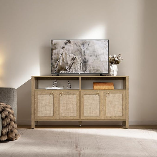 SICOTAS Rattan TV Stand for Television up to 65 Inch - 29.5" Tall Entertainment Center with Storage and Open Shelves,Boho Media TV Console Cabinet with 4-Doors and Adjustable Shelf for Living Room