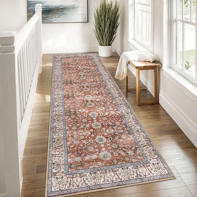KUTA Vintage Wide Runners for Hallways 3x8 ft Washable Kitchen Runner Red Clay Non Slip Rubber Backed Hall Runners Entryway Runner Rugs Floor Carpet for Indoor Backdoor Bedroom Kitchen