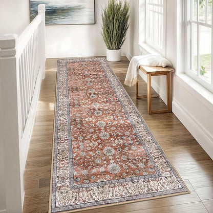 KUTA Vintage Wide Runners for Hallways 3x8 ft Washable Kitchen Runner Red Clay Non Slip Rubber Backed Hall Runners Entryway Runner Rugs Floor Carpet for Indoor Backdoor Bedroom Kitchen