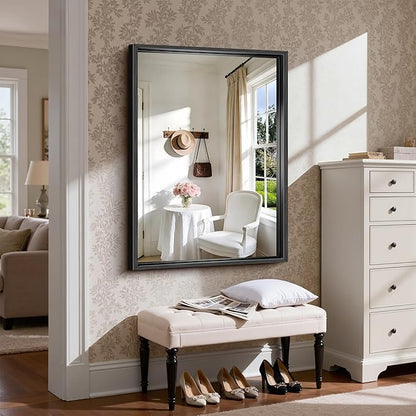 CIRCUMI 30"x42" Brushed Black Mirror with Chunky Box Metal Frame, Bathroom Mirror for Vanity Remodel & New Home, Living Room, Entryway, Rectangular Wall Mirror, Tempered Glass, Vertical or Horizontal