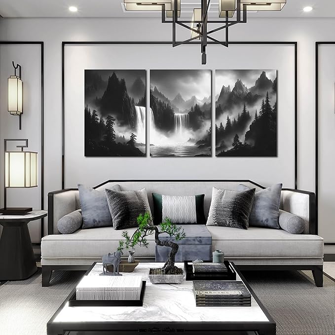CIRABKY Waterfall Canvas Wall Art for Living Room - Mountains Pictures Wall Art for Office - Modern 3 Piece Large Wall Art for Bedroom Size 24" x 36"