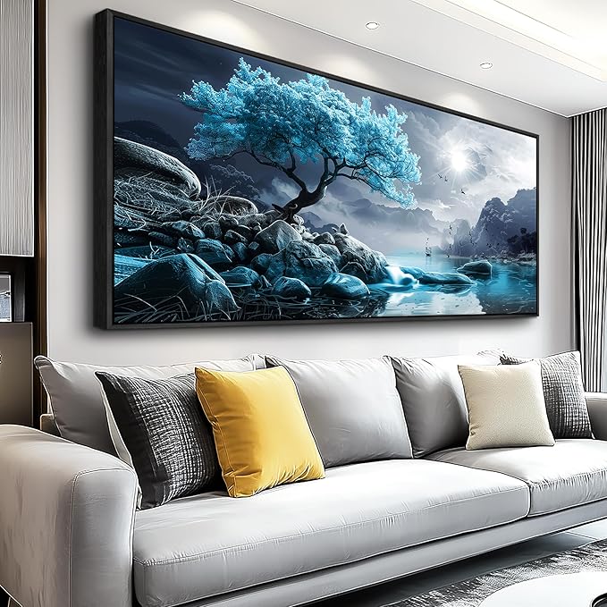 KELIYUAN Large Canvas Wall Decor Bedroom Blue Tree Landscape Wall Paintings Wall Art For Living Room Black And White Pictures Office Mural Framed Prints Artwork Modern Home Decor Aesthetics 32"X72"