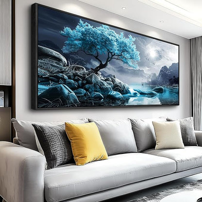 KELIYUAN Large Canvas Wall Decor Bedroom Blue Tree Landscape Wall Paintings Wall Art For Living Room Black And White Pictures Office Mural Framed Prints Artwork Modern Home Decor Aesthetics 32"X72"