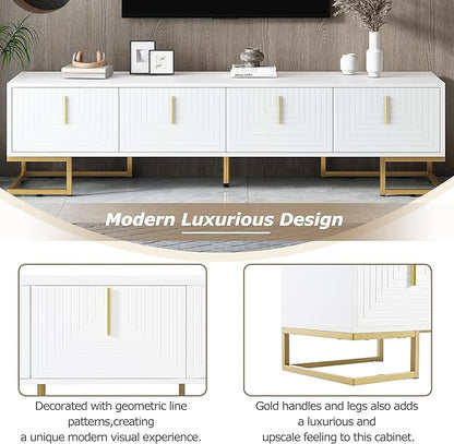 Merax Modern TV Stand with Metal Legs, Gold Handles, Geometric Lines and Adjustable Shelves for TVs Up to 80'', Media Console Table, Luxury Storage Cabinets for Living Room, White