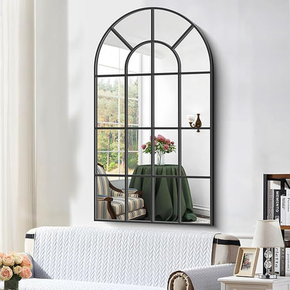 Arched Mirror, 30"x55" Arch Window Mirror, Black Frame Window Pane Wall Decor, Large Wall Mounted Decorative for Living Room Bedroom Entryway Hanging or Leaning Against