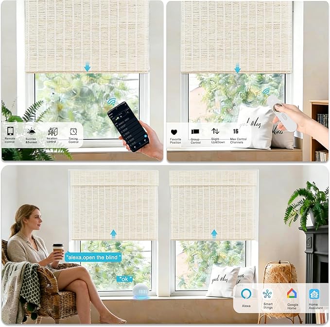 Motorized Bamboo Roman Shades, Motorized Blinds with Remote Compatible with Homekit, Alexa GoogleHome, Smart Wood Woven Shades for Indoor Windows, Customize, Shoregrass