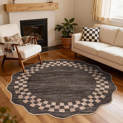 6ft Washable Round Rug for Entryway Modern Checkered Bedroom Circle Rug Non Slip Soft Dining Room Round Throw Carpet Large Stain Resistant Border Round Rugs for Living Room Kitchen Bathroom, Brown