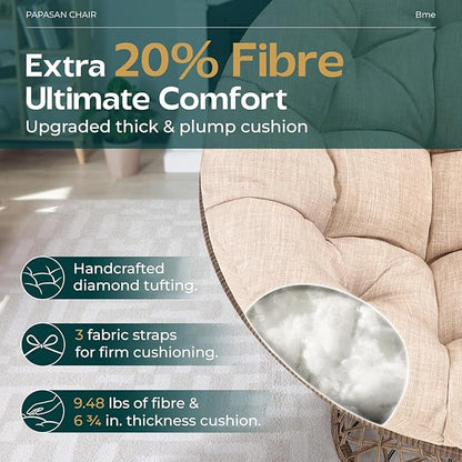 Bme 40" Ergonomic Wicker Papasan Chair with Soft Thick Density Fabric Cushion, High Capacity Steel Frame, 360 Degree Swivel for Living, Bedroom, Reading Room, Lounge, Sepia Sand - Brown Base