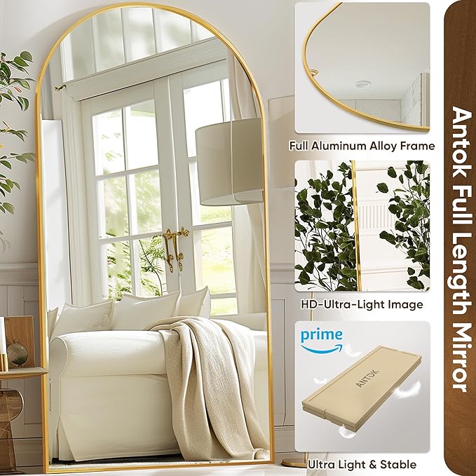 Antok Oversized Full Length Mirror with Stand, 78"x38" Arched Floor Mirror, Aluminum Frame, Wall Mounted/Leaning/Free Standing, Large Body Mirror for Bedroom Living Room Entryway Dressing Room,Gold