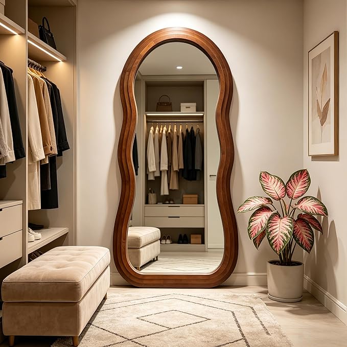 Wavy Full Length Mirror, 67"x31.5" Large Irregular Aesthetic Mirrors with Triple Layer Solid Wood Frame, Premium Organic Floor Mirror for Living Room Entryway Hallway, Leaning/Hanging