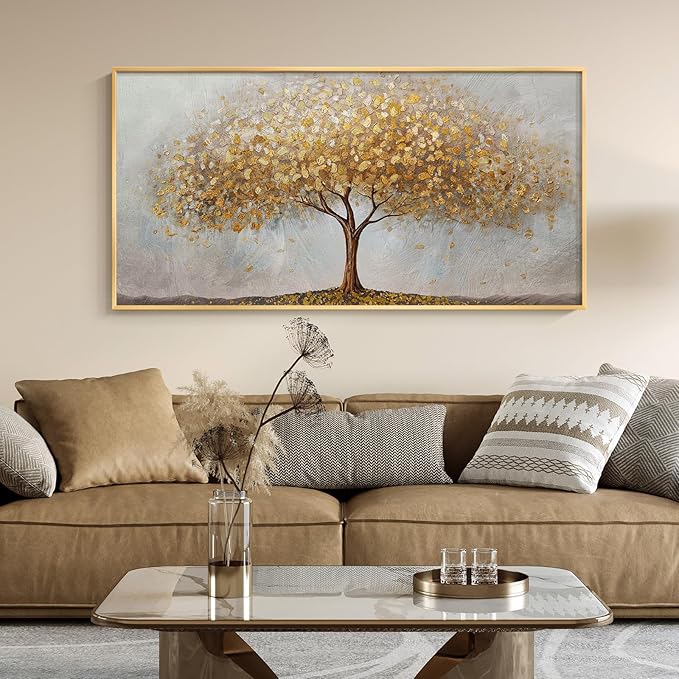 Gold Framed Tree of Life Wall Art, Large Modern Canvas Prints Paintings Artwork for Walls, Luxury Golden Big Tree Pictures for Living Room Bedroom Dining Room Fireplace Office Wall Decor, 48x24