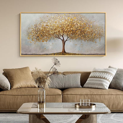 Gold Framed Tree of Life Wall Art, Large Modern Canvas Prints Paintings Artwork for Walls, Luxury Golden Big Tree Pictures for Living Room Bedroom Dining Room Fireplace Office Wall Decor, 48x24