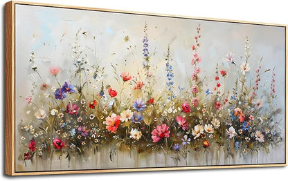 hyidecorart Wood Framed Canvas Print Wall Art Living Room Boho Wall Decor For Bedroom Farmhouse Pastel Watercolor Wild flowers Nature Field Landscape Wall Paintings Pictures Office Wall Art Decor