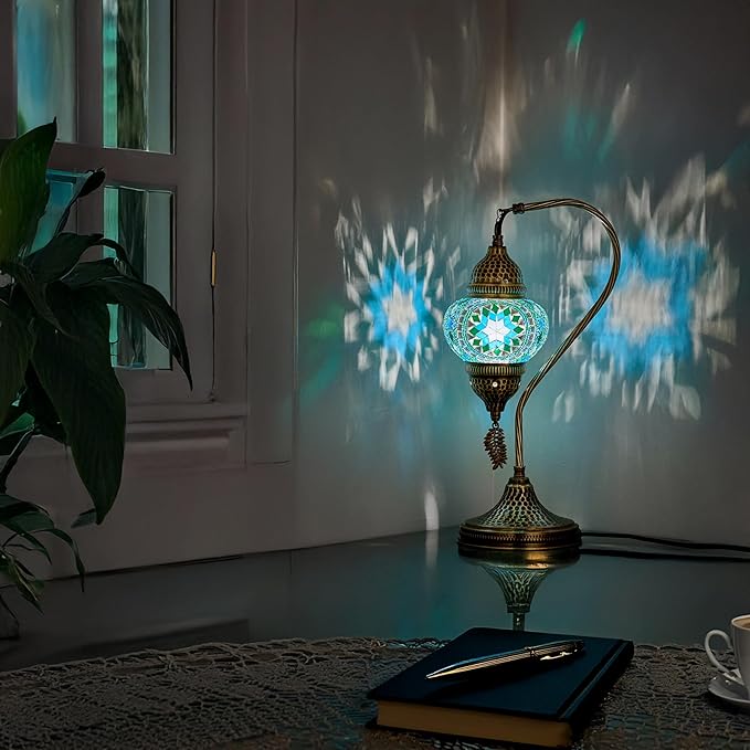 DEMMEX Turkish Moroccan Table Lamp, Swan Neck Tiffany Style Mosaic Glass Table Desk Bedside Lamp for Bedroom, Living Room – Handcrafted in Turkey, Teal