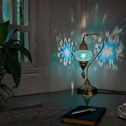 DEMMEX Turkish Moroccan Table Lamp, Swan Neck Tiffany Style Mosaic Glass Table Desk Bedside Lamp for Bedroom, Living Room – Handcrafted in Turkey, Teal