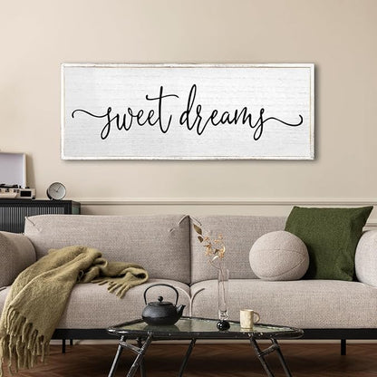 Sweet Dreams Wall Decor Above Bed Sign 40''×15'' Large Wood Framed Master Bedroom Guest Room Sweet Dreams Signs Farmhouse Rustic Wall Art Decoration (White)
