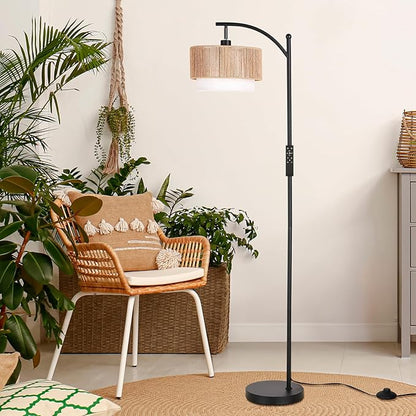 SUNMORY Floor Lamps for Living Room with 12W Remote and Dimmable Bulb, LED Arc Lamp, Farmhouse Floor Lamps with Adjustable Rattan & Fabric Shades, Boho Standing Lamp for Bedroom, Corner, Home Decor