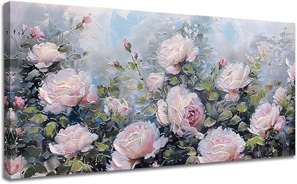 Enartly Pink Flower Wall Art Large Living Room Bedroom Wall Decor Rose Canvas Painting Floral Picture Bloosom Textured Green Modern Artwork Framed for Bathroom Kitchen Home Office Decoration, 40"x20"