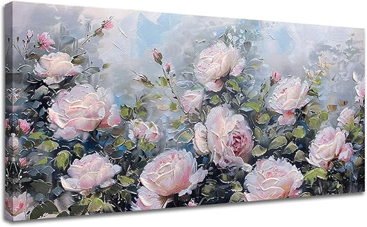 Enartly Pink Flower Wall Art Large Living Room Bedroom Wall Decor Rose Canvas Painting Floral Picture Bloosom Textured Green Modern Artwork Framed for Bathroom Kitchen Home Office Decoration, 58"x29"
