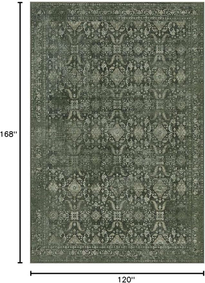 Rugxara 10x14 Area Rugs for Living Room Bedroom, Large Washable Rug, Green Vintage Floral Boho Rug, Non Slip & Low Pile Faux Wool Thin Carpet for Indoor Dining Room and Kids Room(Green 10x14ft)