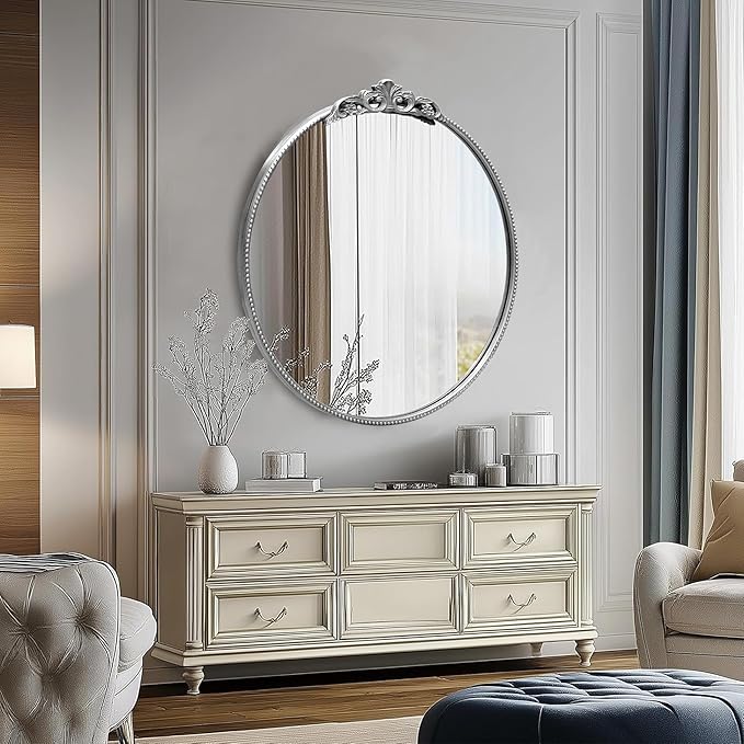 30'' Antique Silver Round Wall Mirror with Metal Flower Carving Frame, Small Vintage Retro Baroque Mirror Ornate, Vanity Mirror for Bathroom, Fireplace,Entryway, Living Room