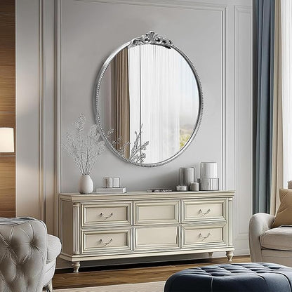 30'' Antique Silver Round Wall Mirror with Metal Flower Carving Frame, Small Vintage Retro Baroque Mirror Ornate, Vanity Mirror for Bathroom, Fireplace,Entryway, Living Room