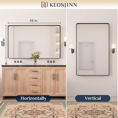 Keonjinn Black Bathroom Mirror for Over Sink, 48 x 30 Inch Rounded Rectangle Vanity Mirror, Sandblasted Finish Matte Black Wall Mirrors, HD Tempered Glass, Anti-Rust Seamless Metal Frame for Restroom