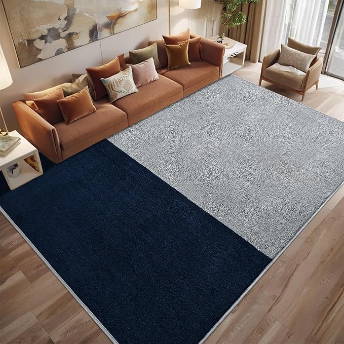 Rugs for Bedroom Living Room, 4x6 ft Grey Navy Blue Area Rug, Washable Memory Foam Non-Slip Carpet, Modern Minimalist Indoor Carpets for Boys Girls Kitchen Home Decor