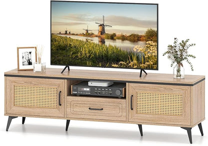 Giantex TV Stand for 60/65 Inch TV, Boho Entertainment Center with Storage Cabinets, Drawer and Rattan Doors, Wooden Media TV Console Table for Living Room, Bedroom, Entryway