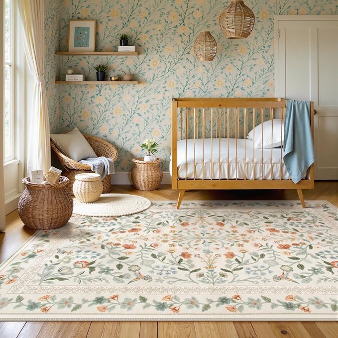 Lahome Floral Washable Area Rug 9x12, Extra Large Non Slip Carpet for Living Room Dining Room, Low-Pile Soft Botanical Rug for Bedroom Office, Machine Washable Home Decor, Beige