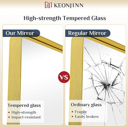 Keonjinn Gold Mirrors for Wall, 60” x 36” Large Brushed Brass Bathroom Mirrors for Over Sink, Rounded Rectangle Farmhouse Vanity Mirror, HD Tempered Glass Modern Decorative Mirror(Horizontal/Vertical)