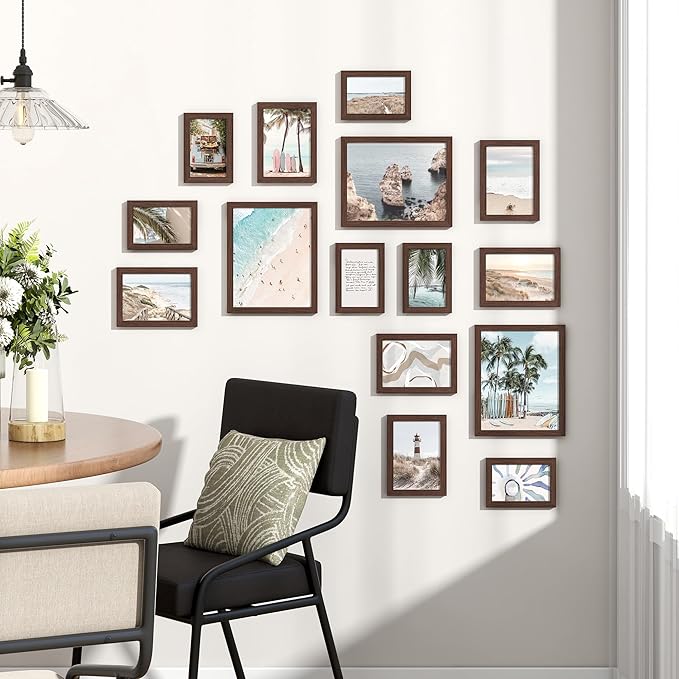 Venusmiles 15 Pack Picture Frames Collage Wall Decor, Gallery Frame Set for Wall Mounting or Tabletop Display, Multi Sizes Including 3pcs 8x10, 6pcs 5x7, 6pcs 4x6, Walnut