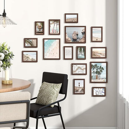Venusmiles 15 Pack Picture Frames Collage Wall Decor, Gallery Frame Set for Wall Mounting or Tabletop Display, Multi Sizes Including 3pcs 8x10, 6pcs 5x7, 6pcs 4x6, Walnut