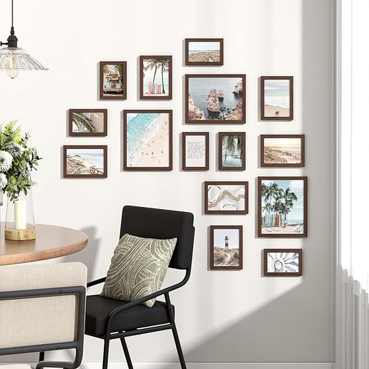 Venusmiles 15 Pack Picture Frames Collage Wall Decor, Gallery Frame Set for Wall Mounting or Tabletop Display, Multi Sizes Including 3pcs 8x10, 6pcs 5x7, 6pcs 4x6, Walnut