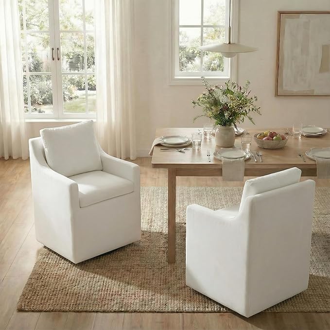 KISLOT Upholstered Dining Chairs Set of 1, Modern Dining Room Chairs with Casters & Washable Cover, Rolling Accent Chair with Hidden Storage for Kitchen, Farmhouse, Living Room, White, 1 Box