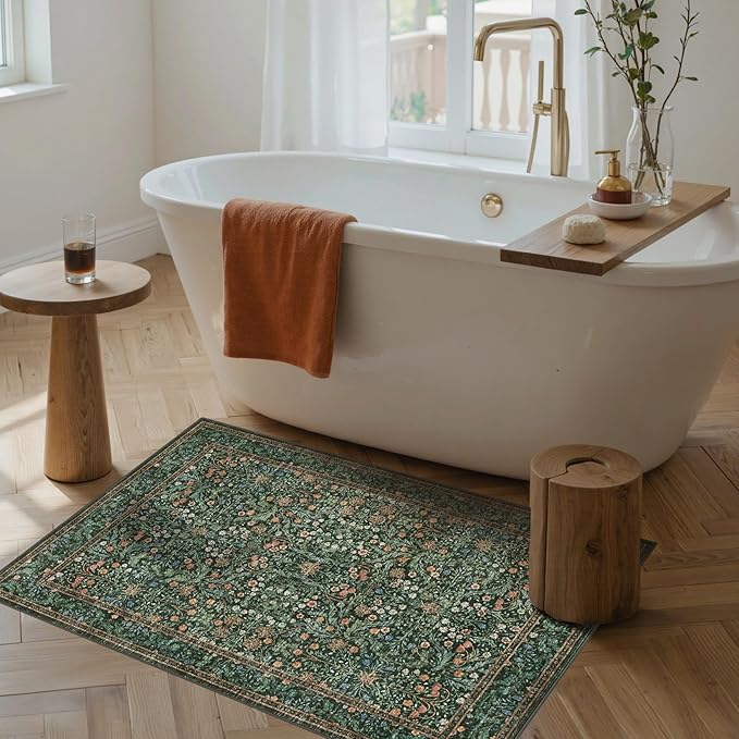 Rugxara Entryway Rug Door Mat, Washable Samll 2x3 Rug, Boho Green Front Door Mat, Non Slip Area Rugs, Low Pile Throw Accent Entry Carpet for Indoor Entrance, Bathroom and Kitchen(Green 2x3ft)