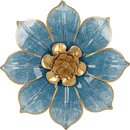 10" Metal Flowers Wall Decor, Blue & Gold 3D Floral Metal Wall Art Decor for Inoor & Outdoor Use, Vintage & Modern Walls Arts for Bathroom, Living Room, Bedroom, Office, Garden, Patio, Porch, 1 Piece