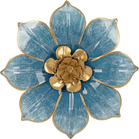10" Metal Flowers Wall Decor, Blue & Gold 3D Floral Metal Wall Art Decor for Inoor & Outdoor Use, Vintage & Modern Walls Arts for Bathroom, Living Room, Bedroom, Office, Garden, Patio, Porch, 1 Piece