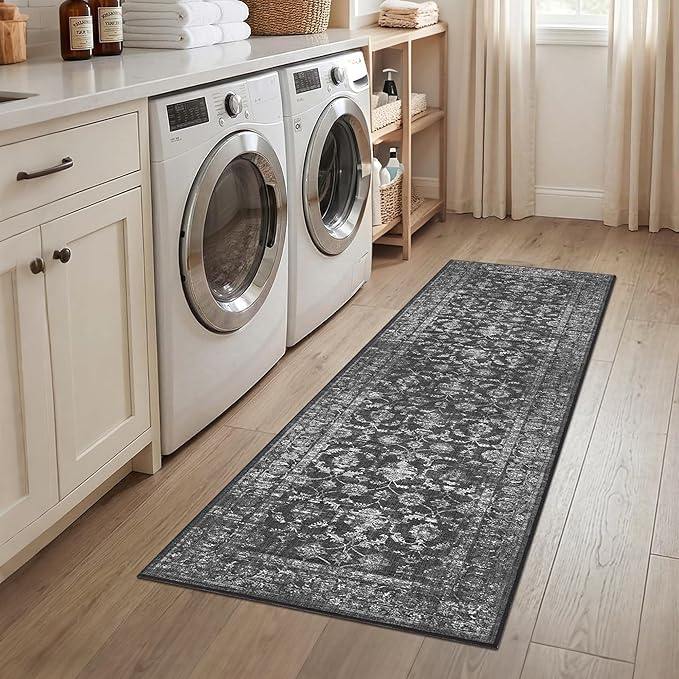 Washable Area Rug 2x6 Black Runner Rugs for Living Room, Vintage Boho Hallway Large Rug for Bedroom Dining Room Office, Distressed Floral Carpet for Under Table, Soft Non Slip Low Pile Throw Carpet