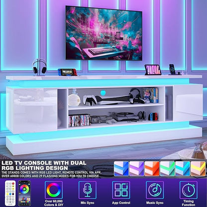 chartustriable 81IN LED TV Stands w/Power Outlet for 90/80/75 Inch TVs,High Glossy Modern Tall Entertainment Center TV Media Console Gaming with 2 Storage Cabinets,Dual LED Lights,White