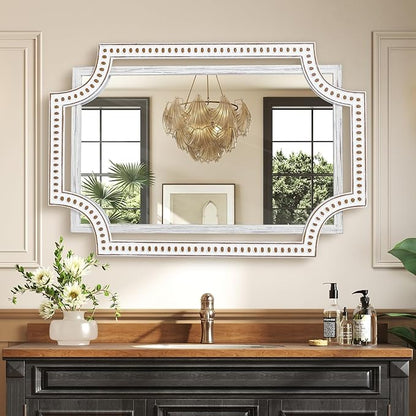 HOITUZYUS 24x36 Inch Rustic Farmhouse Wall Mirror for Bathroom, Boho Wooden Frame Rectangular Mirrors for Fireplace, Entryway, Living Room & Bedroom, Horizontal or Vertical Hanging