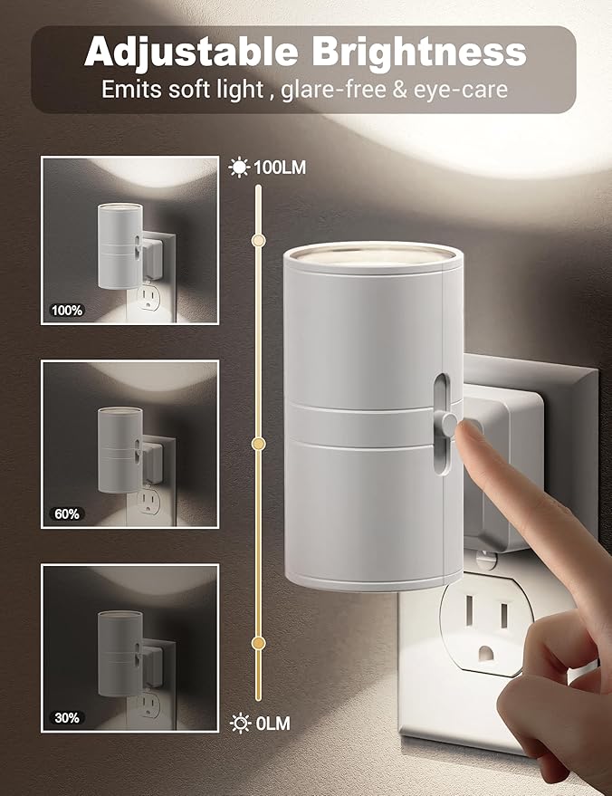 JandCase Night Lights Plug into Wall, Dimmable Night Light Plug in, Modern Night Light Dusk to Dawn Light Sensor, Cool White 5000K, 0-100LM Adjustable Brightness Nightlight for Hallway Bedroom, 2 Pack