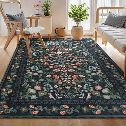 Lahome Black Floral Washable Area Rug 9x12, Extra Large Non Slip Stain Resistant Carpet for Living Room Dining Room, Low-Pile Soft Botanical Rug for Bedroom Office, Machine Washable Home Decor, Black