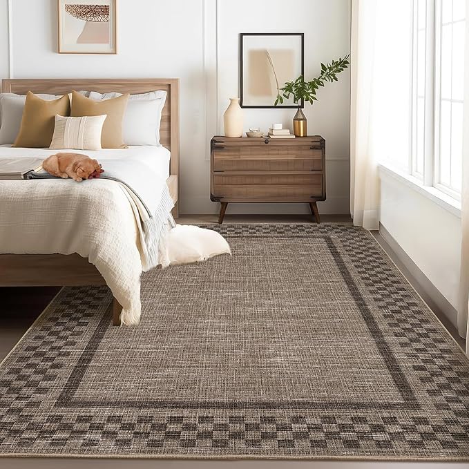Small Bedroom Area Rug 3x5 Checkered Area Rug for Living Room Nursery Non Slip Kitchen Throw Carpet Low Pile Modern Bordered Rugs Washable Bathroom Mat Soft Brown Rugs for Laundry Entryway, Brown