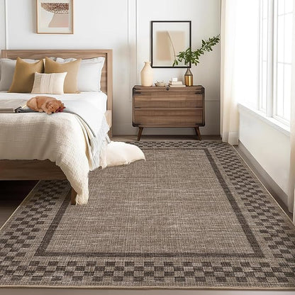 Small Bedroom Area Rug 3x5 Checkered Area Rug for Living Room Nursery Non Slip Kitchen Throw Carpet Low Pile Modern Bordered Rugs Washable Bathroom Mat Soft Brown Rugs for Laundry Entryway, Brown