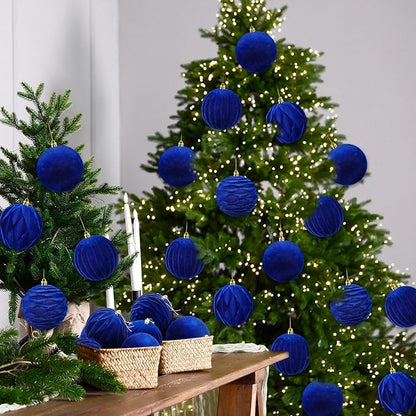 Liliful 12 Pcs Velvet Christmas Ornaments Balls, 4 Inch Flocked Plastic Christmas Tree Ball Shatterproof Hanging Ornaments Decorations for Xmas Tree Vintage Holiday Rustic Home Decor(Blue)