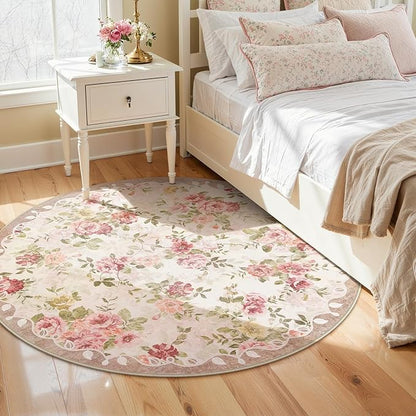 Lahome Floral Round Entryway Rug 4ft,Small Washable Circle Rug for Girls Bedroom Bathroom,Vintage Carpet for Kids Room, Nursery,Office, College Dorm Reading Nina