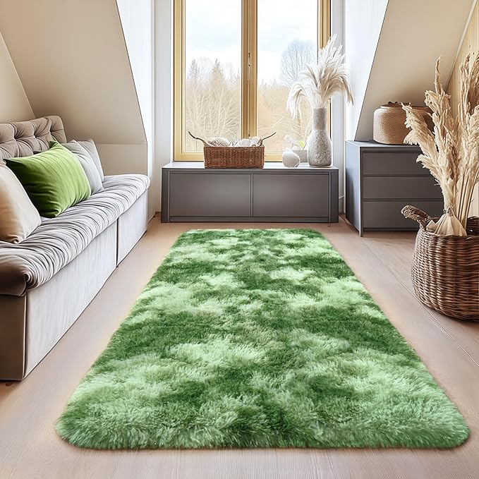 Fluffy Rugs for Living Room, Soft Shaggy Carpets for Living Room, Upgrade Anti-Slip Fuzzy Rugs for Kids' Room, Perfect Decor for Modern Home Tie Dye Green 2x6Feet